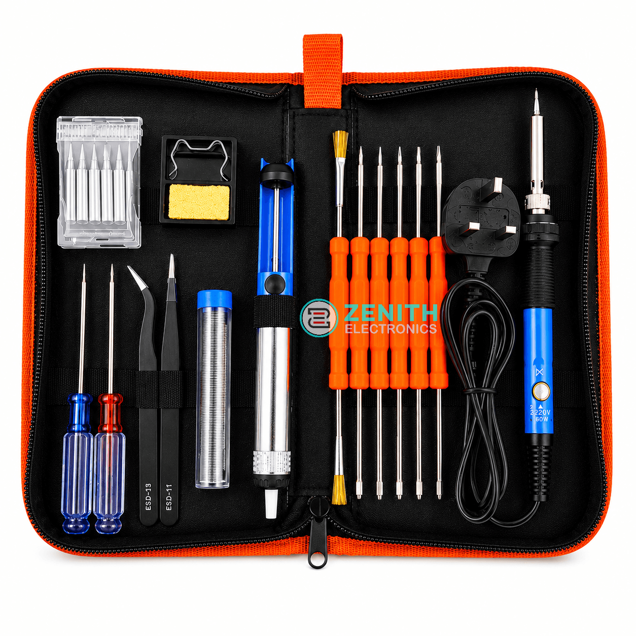 Soldering Repair Tools Kit Soldering Repair Tools Kit with a 60W adjustable soldering iron, desoldering pump, solder wire, interchangeable tips, precision screwdrivers, ESD tweezers, cleaning tools, and a portable zippered carrying case for electronics repair and DIY projects.